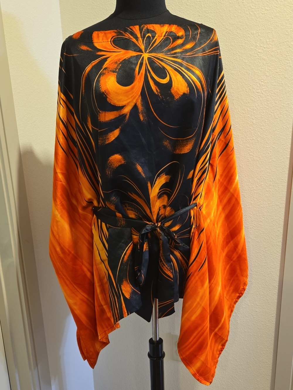 Vibrant Orange & Black Tie-Waist Tunic Poncho